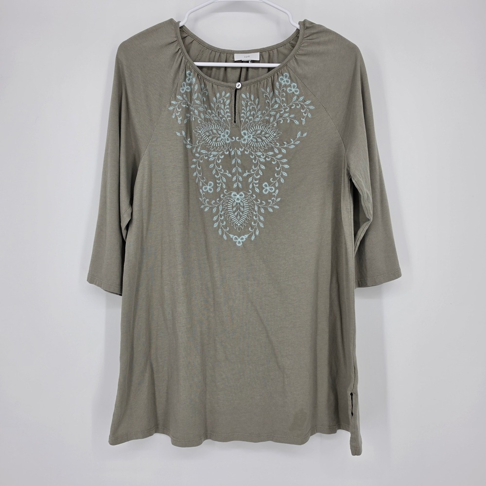 J. Jill Embroidered 3/4 Sleeve‎ Blouse Small Olive Green Boho Peasant Top